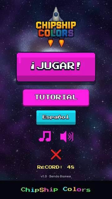 ChipShip Colors main menu with Play, Tutorial, language selector, music and sound buttons, and the high score.